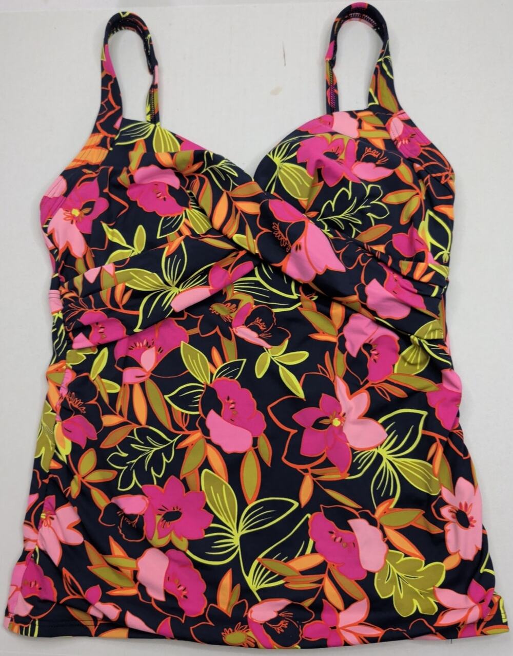 Lands End Navy Blue Pink Floral Tankini Sz 8 Underwire Bra Cross Front Adj Strap